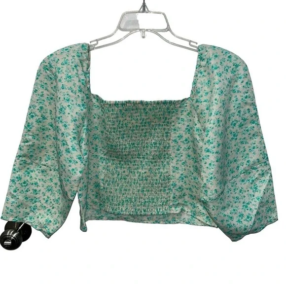 Levi's Women's Puff 3/4 Sleeve Cropped Blouse Green Floral Size Large - Picture 3 of 8